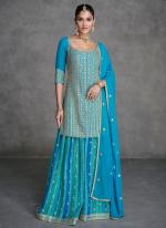 Real Georgette Sky Blue Wedding Wear Embroidery Work Readymade Plazzo Suit